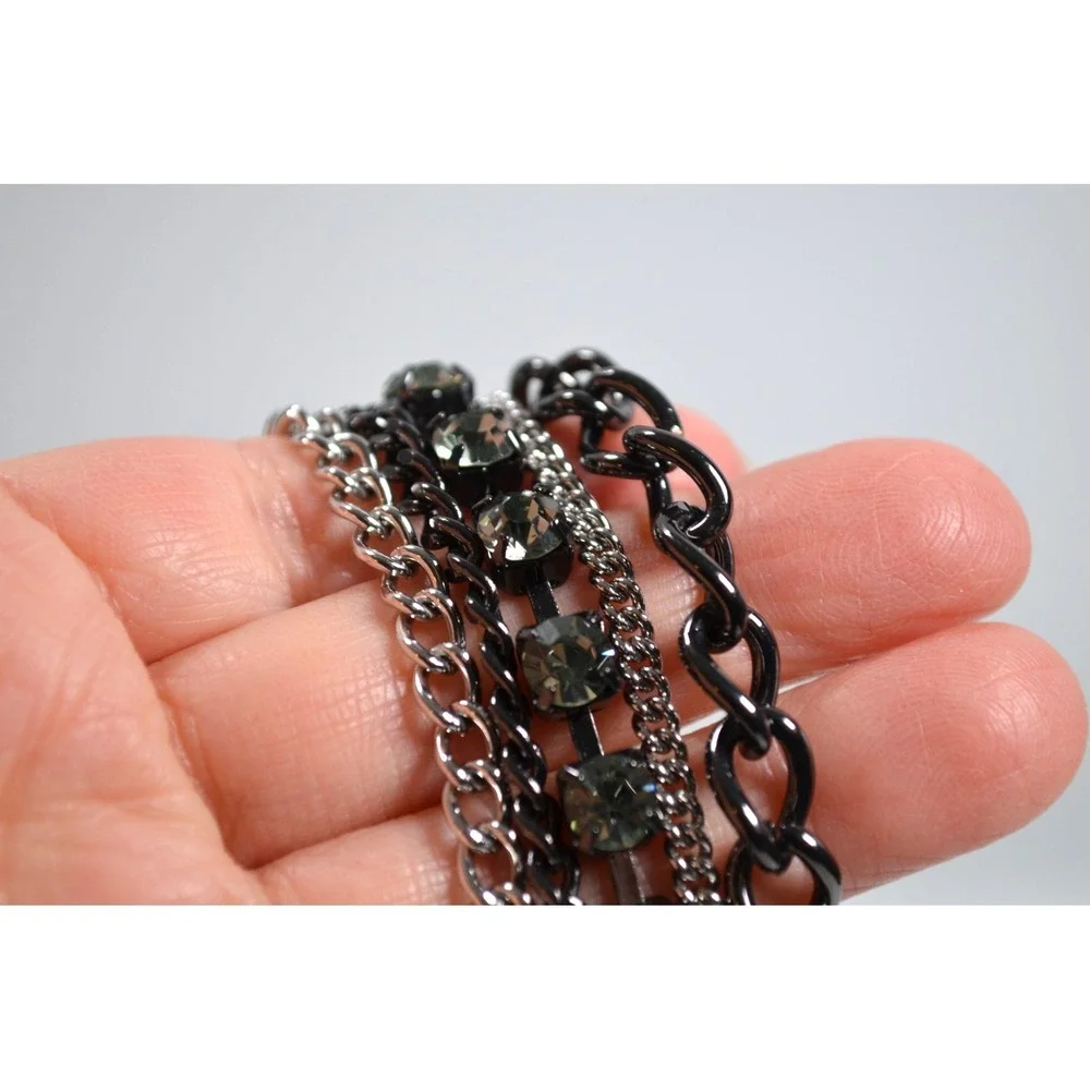 Dark Silver Tone Multi Strand Layer Necklace w/ Clear‎ Rhinestone Accent 35.5